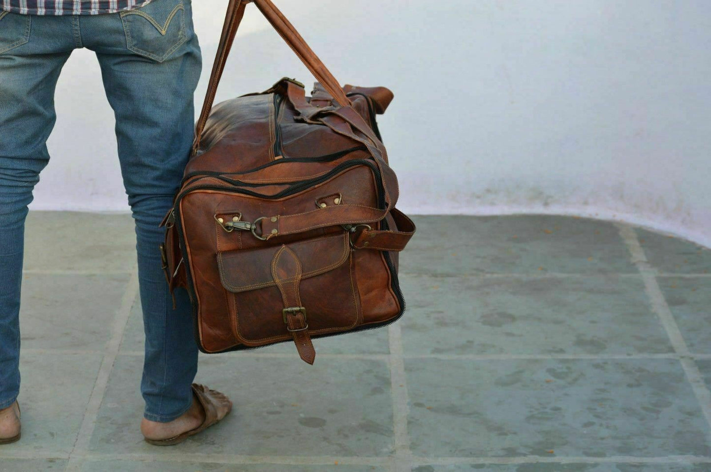 Bag Men's Genuine Leather Luggage Gym Weekend Overnight Duffel Vintage Large Bag