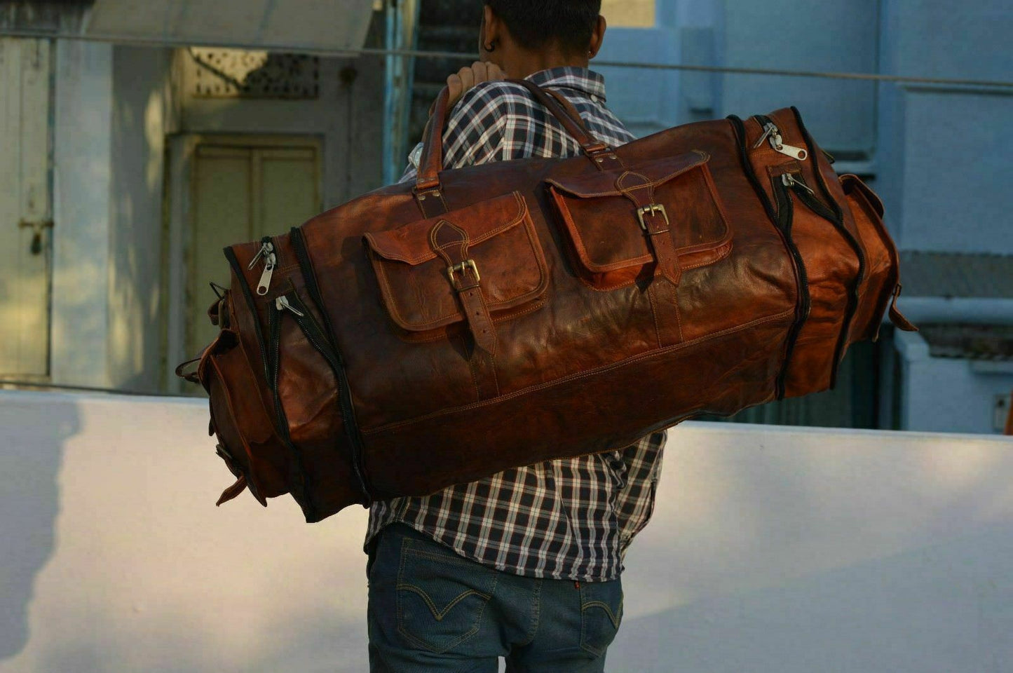 Bag Men's Genuine Leather Luggage Gym Weekend Overnight Duffel Vintage Large Bag