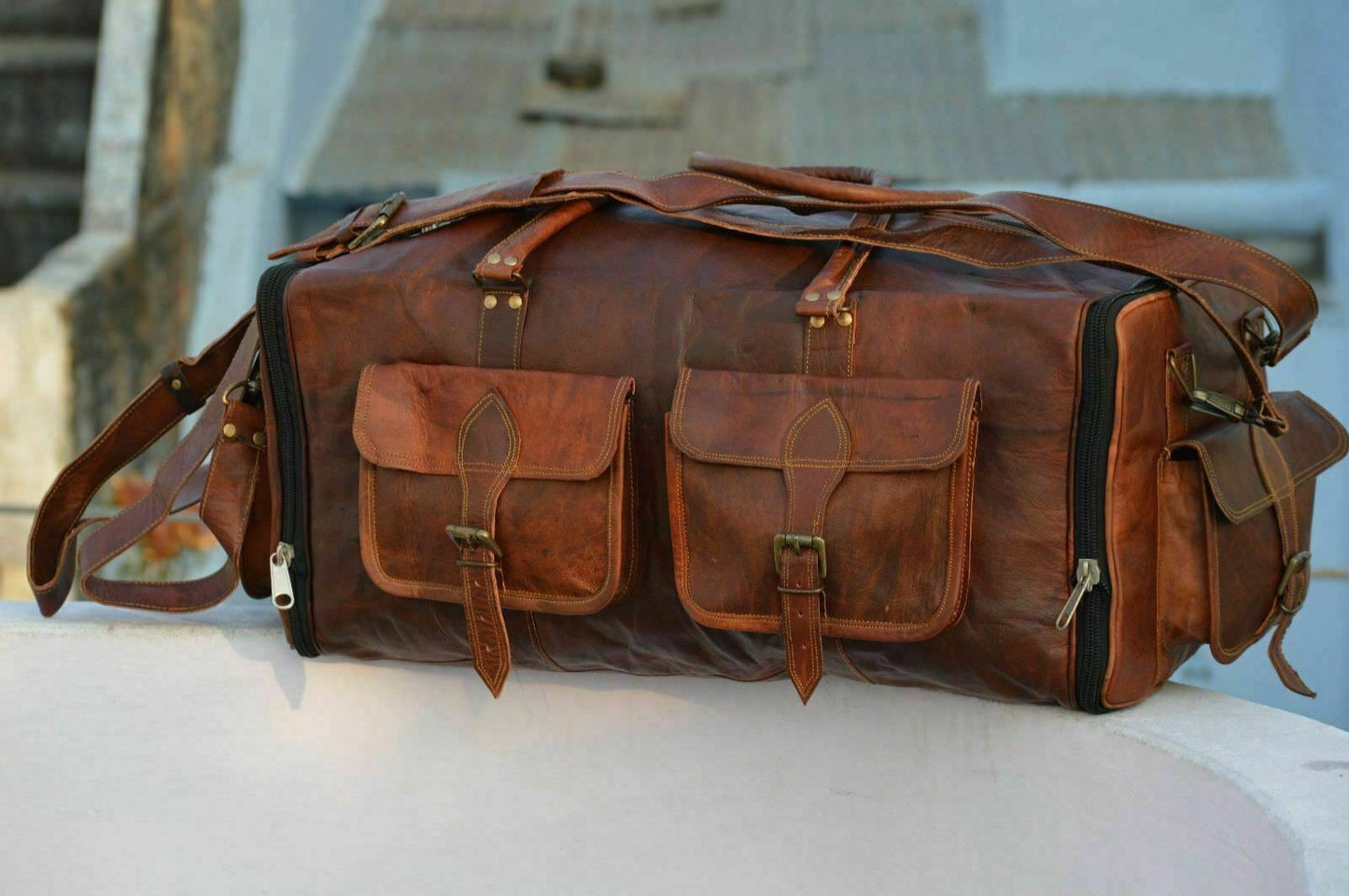 Bag Men's Genuine Leather Luggage Gym Weekend Overnight Duffel Vintage Large Bag