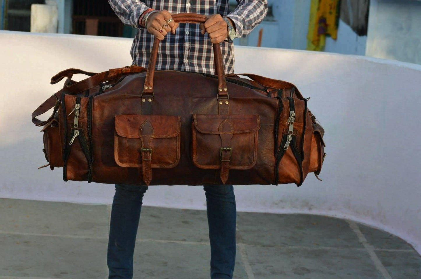 Bag Men's Genuine Leather Luggage Gym Weekend Overnight Duffel Vintage Large Bag