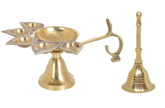 Prime Panch Arti Brass Diya with Puja Bell Brass Garud-set of 2