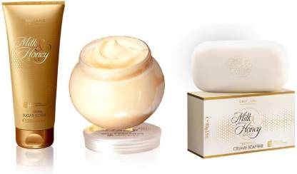 Oriflame Sweden Milk & Honey Gold Combo Kit (Sugar Scrub, Hand & Body Cream, Soap Bar)