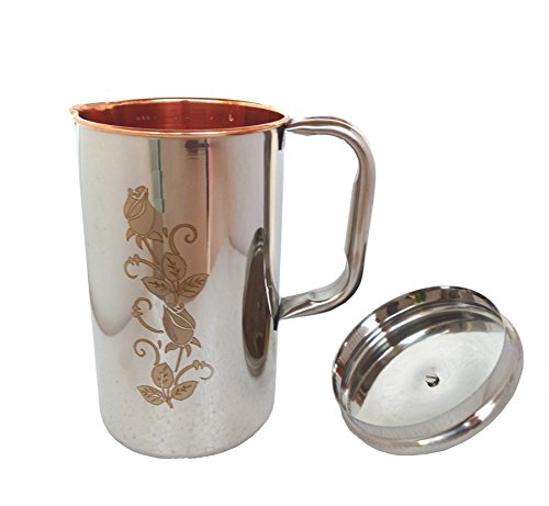 Rastogi Handicrafts Copper Jug Water Pitcher Flower Print Outside Stainless Steel Utensils Inside Copper for Ayurveda Healing - Capacity 1.5 LTR