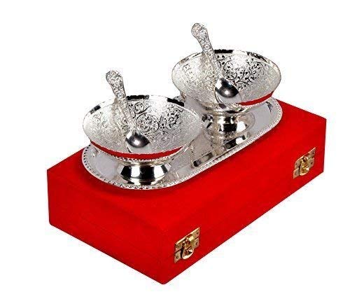 Rastogi Handicrafts Silver Plated Round Shaped Bowl and Tray Set Dry Fruit Bowl Set, Diwali, Christmas, Festival Gifts, Set