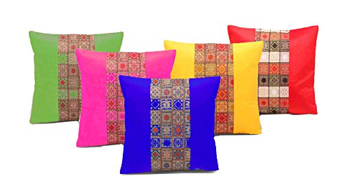 Rastogi Handicrafts Set of 5 Multi Colored Home Bed Cushion Cover Sofa Throw Pillow Zari Brocade Pretty Accent 16"