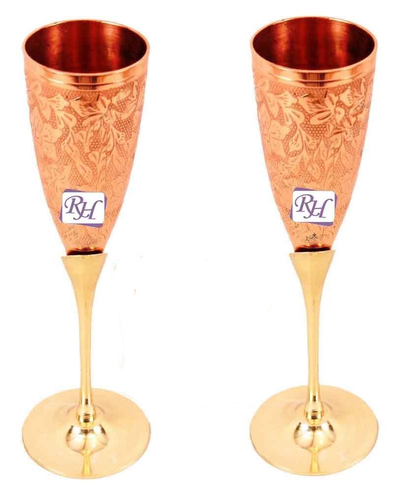 Rastogi Handicrafts Set Of 2 Brass Carving Wine Goblet Glass Bar Drink ware Glass Champagne Set