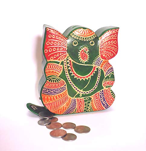 Embossed Leather - Piggy Bank, Ganesh, with Button, Multicoloured, Small