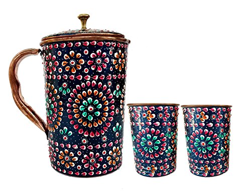 Rastogi Handicrafts Pure Copper one Jug with two Glass Drink ware Set Hand Painted Outer side