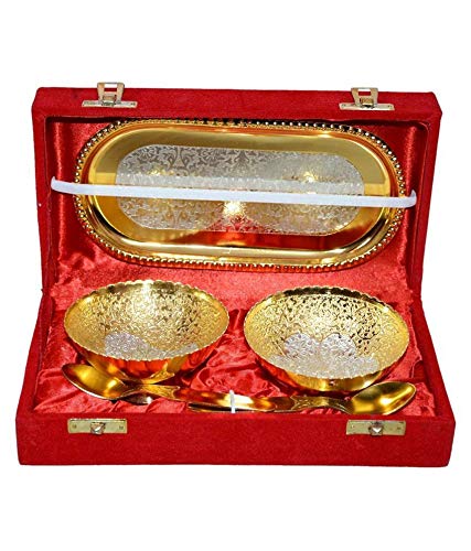 Rastogi Handicrafts 5 Pcs Aluminium Dessert Bowl 200 ml Diwali gift item desert serving bowl set golden silver plated decorative bowl