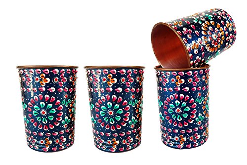 Rastogi Handicrafts Pure Copper one Jug with Four Glass Drink ware Set Hand Painted Outer side