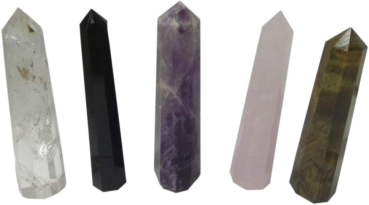 Wholesalegemshop Healing Crystal Wands - Set of 5 3â€ Crystals and Healing Stones Wands, Amethyst Crystal, Rose Quartz, Clear Quartz, Black Obsidian, Tigers Eye - Crystals for Chakra, Reiki, Meditation