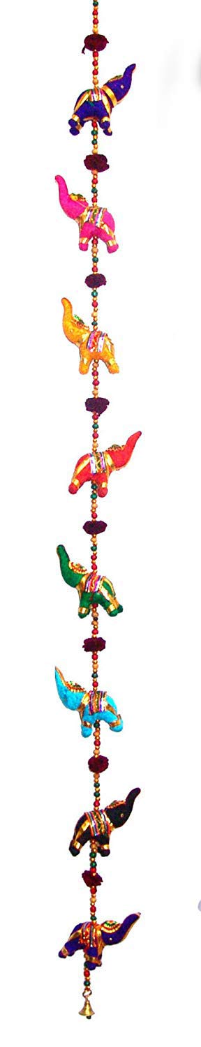 Door Hanging Decorative velvet Fabric 8 Elephants in Vibrant Color Stringed with Beads single layer