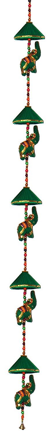 RASTOGI HANDICRAFTS Decorative Cotton Elephant & Circlet Stringed with Color Beads and Brass Wall Hanging Bell GREEN