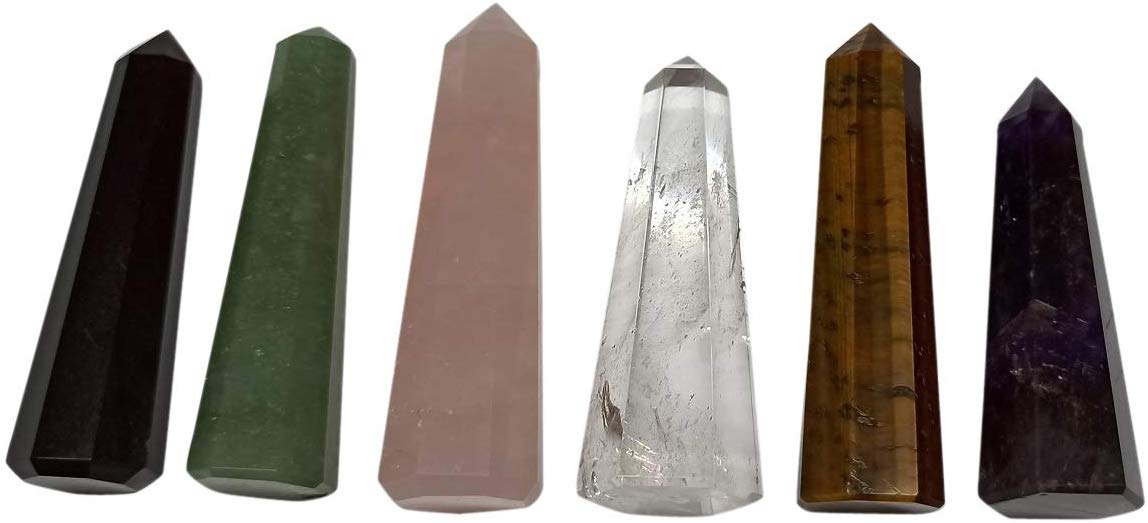 WholesaleGemShop 6pcs Chakra Healing Crystal Points Wands Set Natural Amethyst Rose Quartz Crystal Points Polished Tumbled Stone for Home Decor Reiki Healing