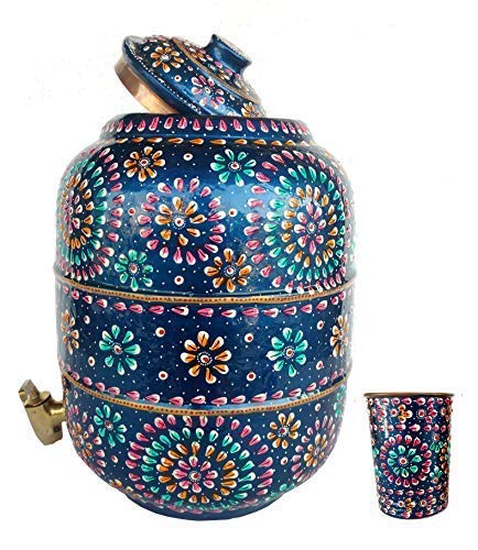 Rastogi Handicrafts pure copper Hammered water storage pot 6.5 liter capacity outer side water proof Hand painted with free tumbler