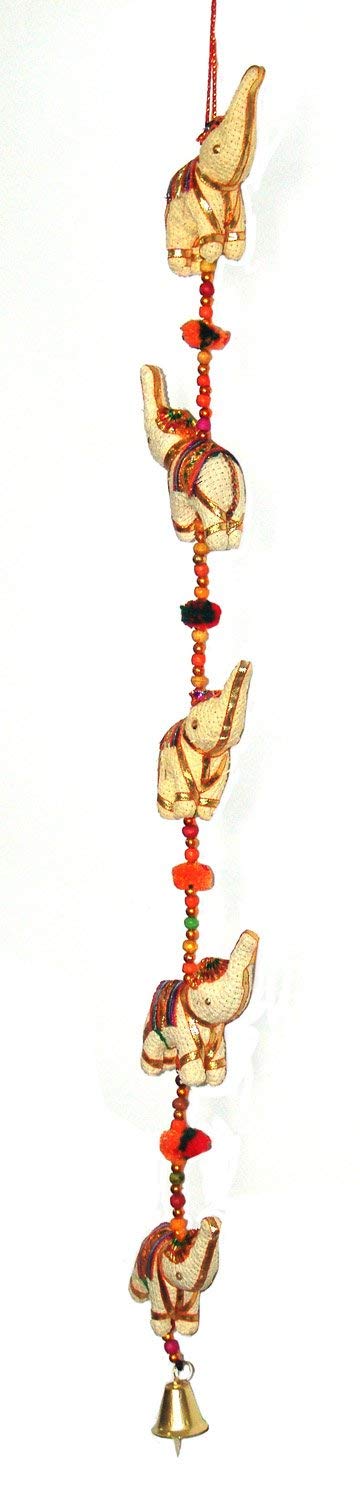 Rastogi Handicrafts Door Hanging Decorative Cotton Elephants Ivory Stringed with Beads and Brass Bell Set of 2 Pcs