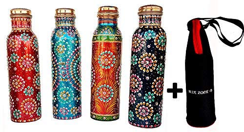 Rastogi Handicrafts Copper Joint less leak-proof Water storage Bottle Set of 4 With One Insulated Bag