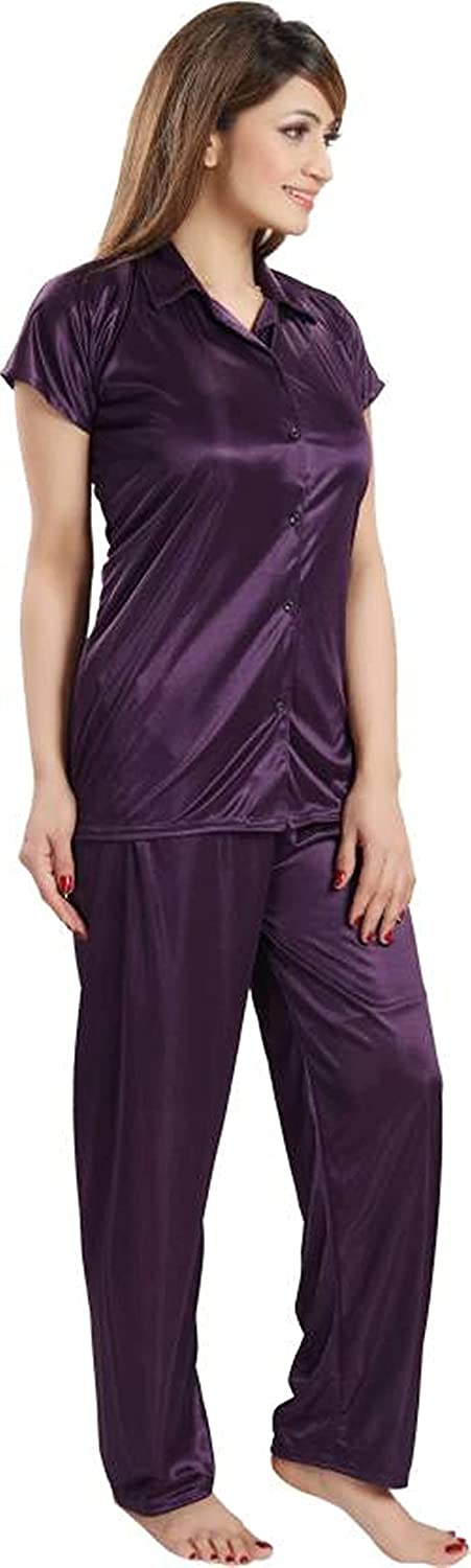 Women's Plain Satin Night Suit (Shirt and Pyjama)