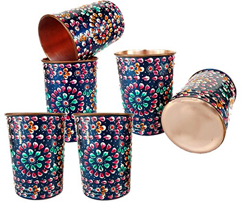 Rastogi Handicrafts Pure Copper one Jug with Six Glass Drink ware Set Hand Painted Outer side