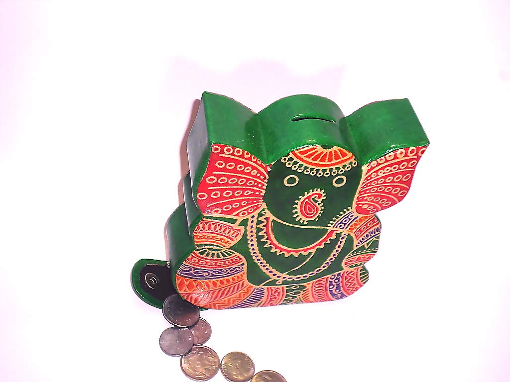 Embossed Leather - Piggy Bank, Ganesh, with Button, Multicoloured, Small