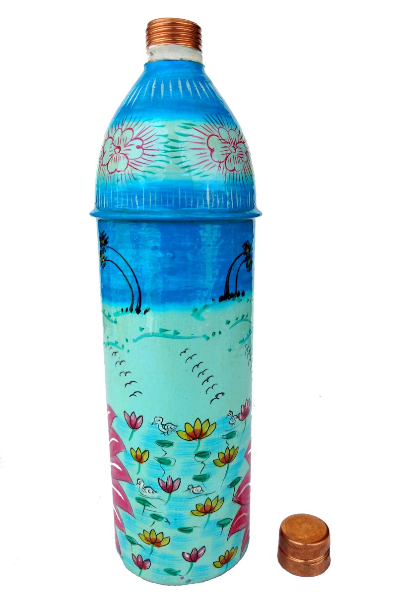 Rastogi Handicrafts Pure Copper Hand Painted Water Bottle Tumbler,Bislari Indian Traditional Style Ganesh Hand Work (750 ml)