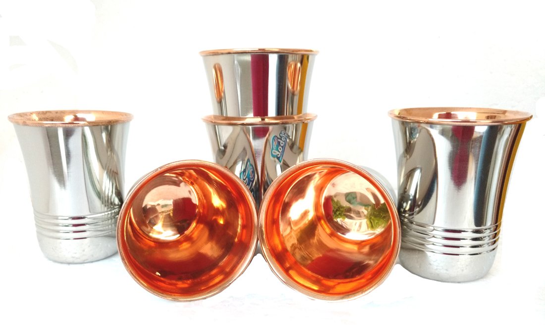 Rastogi Handicrafts Set of 6, Water Glasses and a Jug Copper,Decanter Drinkware Set, Outside Steel Pitcher set