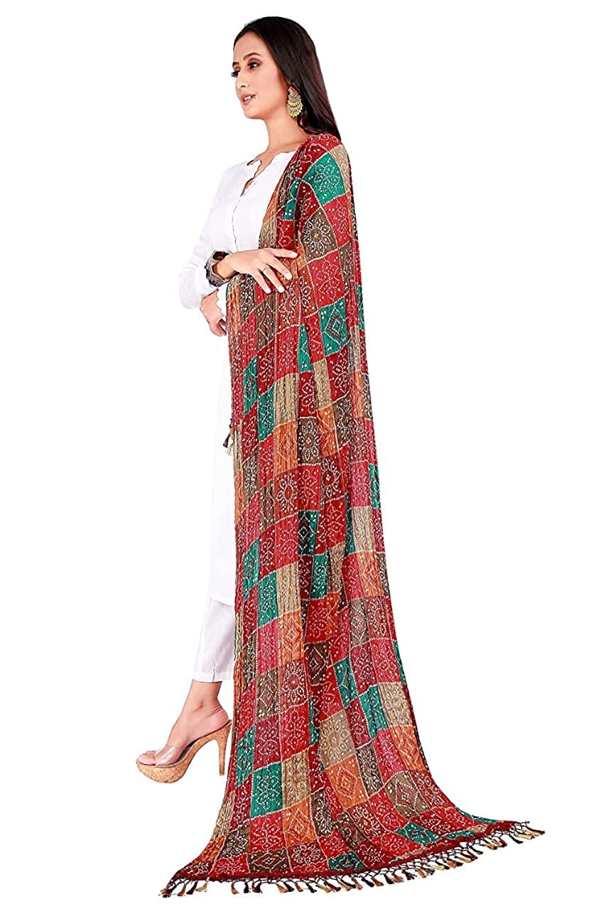 Jaipuri Rajasthani Traditional Multicolored Chinon Silk Bandhej Dupatta