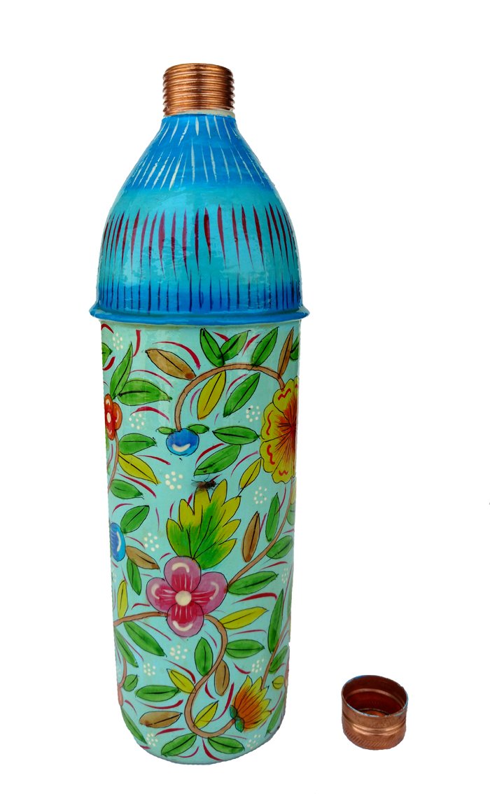 Rastogi Handicrafts Pure Copper Hand Painted Water Bottle Tumbler,Bislari Yellow Flower Hand Work (750 ml)