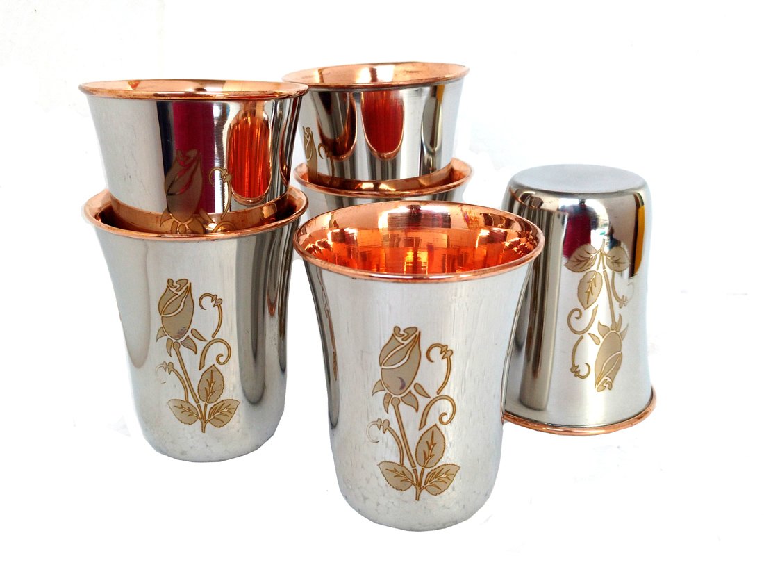 Rastogi Handicrafts set of 6 Flower Printed Handmade Copper Tumbler Outer Stainless steel Copper water glass for health benefits Steel Copper Luxary