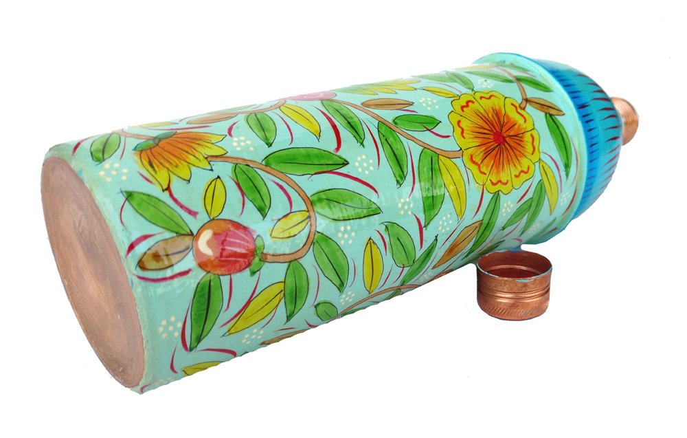 Rastogi Handicrafts Pure Copper Hand Painted Water Bottle Tumbler,Bislari Yellow Flower Hand Work (750 ml)