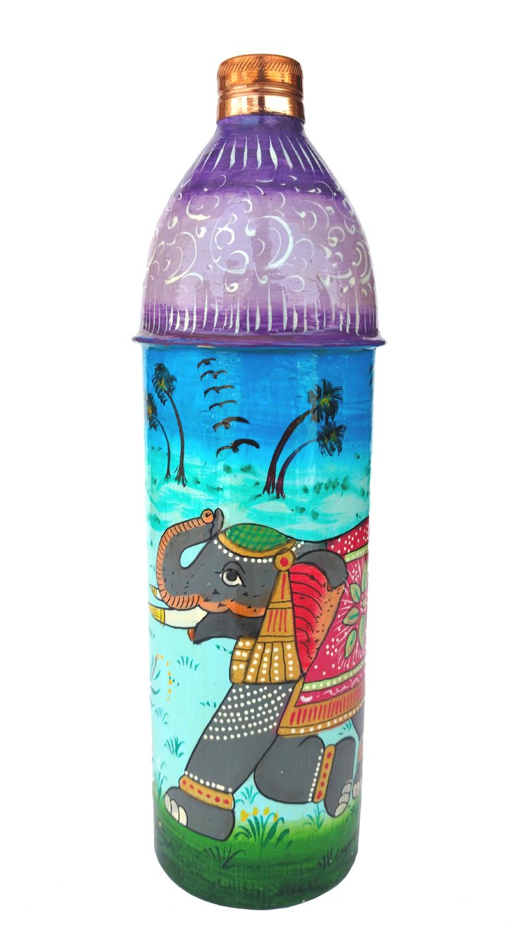 Rastogi Handicrafts Pure Copper Hand Painted Elephant Theme Water Bottle Tumbler,Bislari (750 ml)