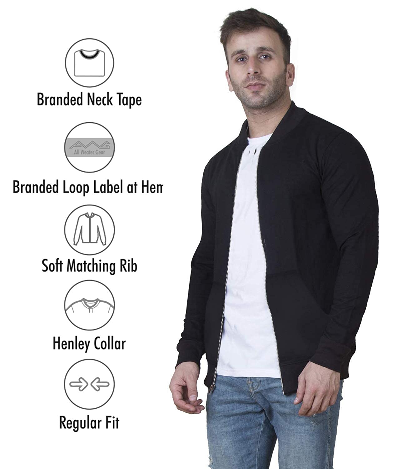 Men's Cotton Regular Fit Solid Varsity Jacket - Black