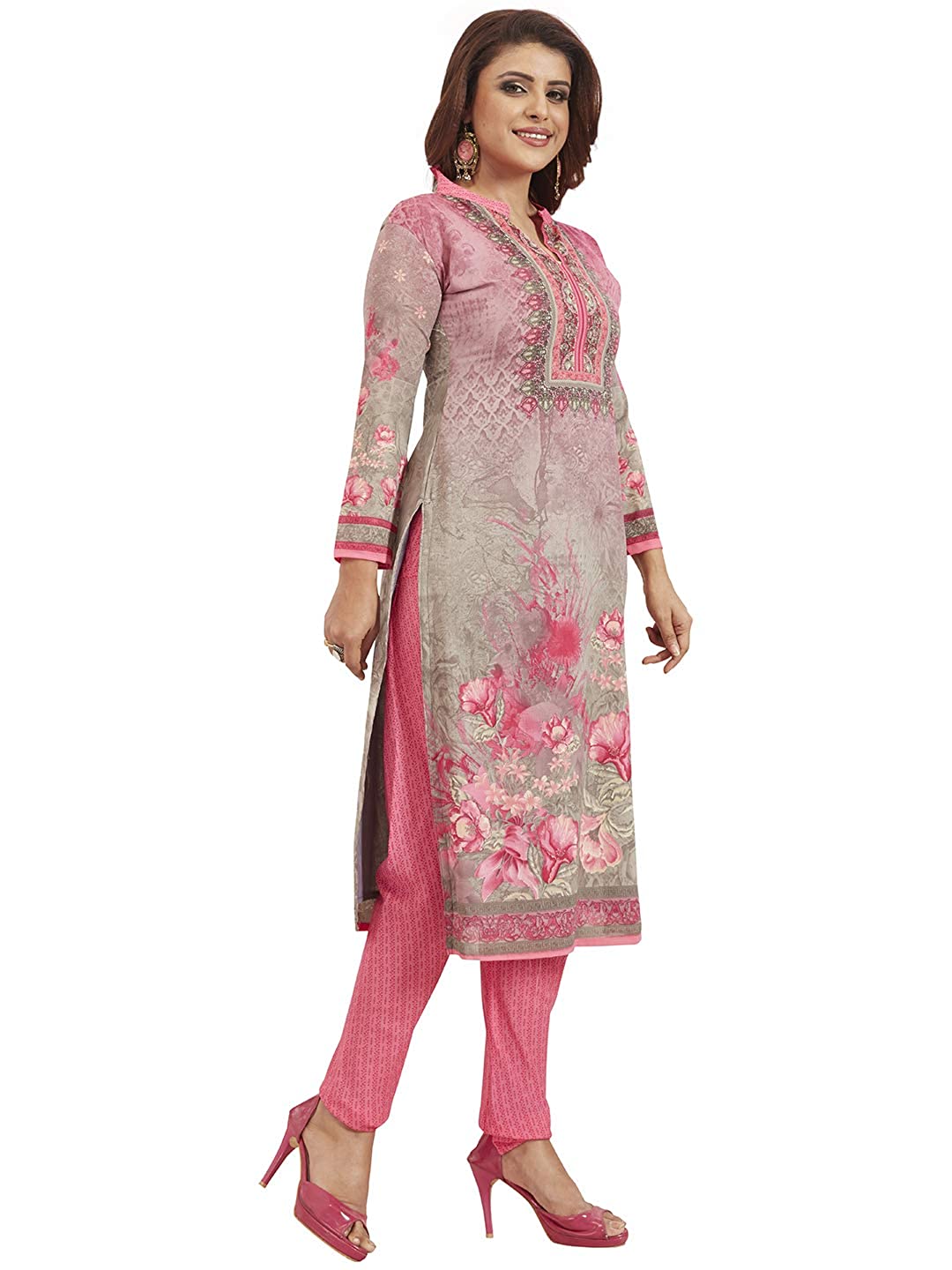 Women's Unstitched Synthetic Crepe Grey & Pink Floral Print Wrinkle Free Dress Material (Grey & Pink_Free Size)