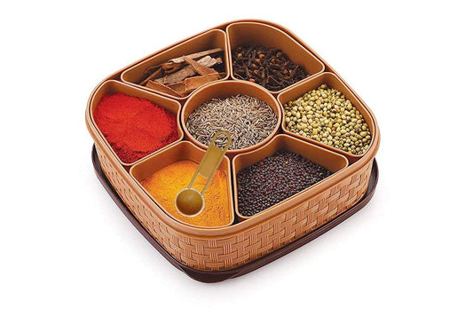 Masala Rangoli Box Dabba for Keeping Spices | Spice Box for Kitchen | Plastic Wooden Style Masala Box | Masala Container | Masala Dabba (Brown, Grey, Cream & Beige)