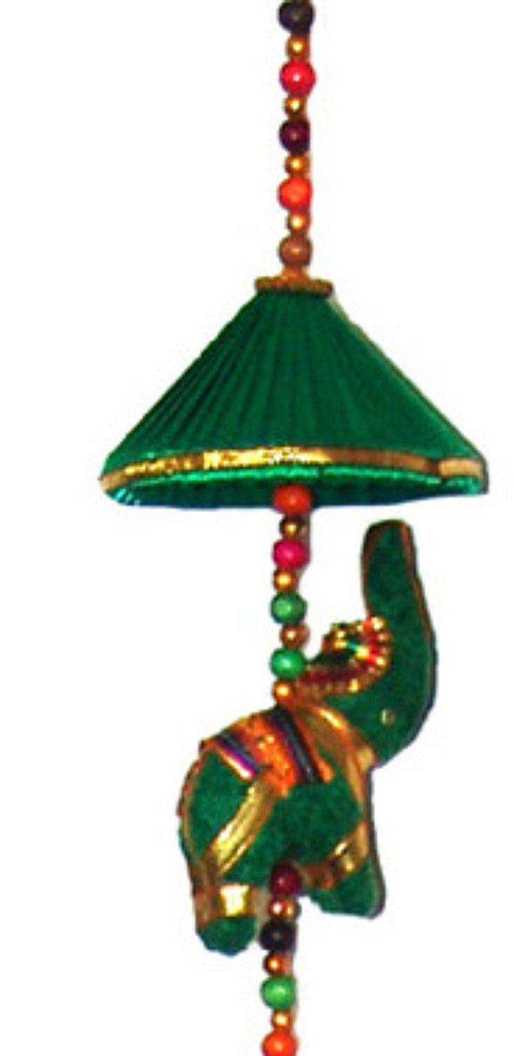 RASTOGI HANDICRAFTS Decorative Cotton Elephant & Circlet Stringed with Color Beads and Brass Wall Hanging Bell GREEN