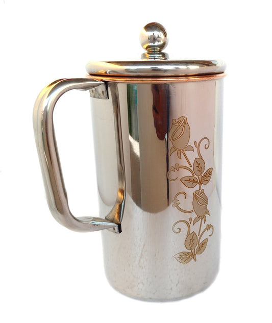 Rastogi Handicrafts Copper Jug Water Pitcher Flower Print Outside Stainless Steel Utensils Inside Copper for Ayurveda Healing - Capacity 1.5 LTR