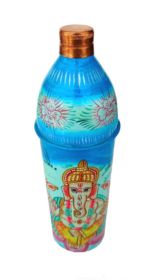 Rastogi Handicrafts Pure Copper Hand Painted Water Bottle Tumbler,Bislari Indian Traditional Style Ganesh Hand Work (750 ml)