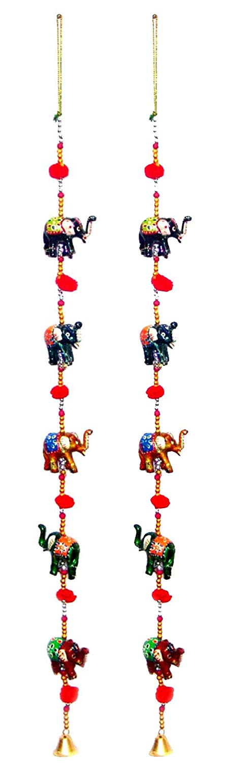 Rastogi Handicrafts Door Hanging Decorative Five Hand Painted Elephant Stringed Together with Beads and metal Bell Set of 2 pcs