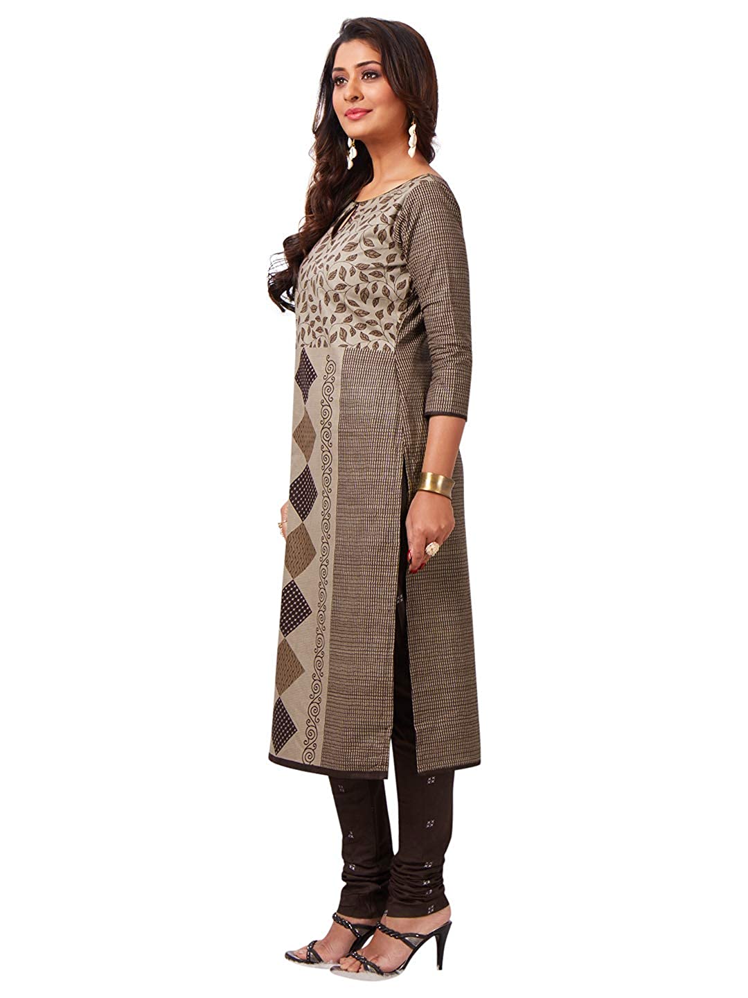 Women's Unstitched Lawn Cotton Brown Geometric Print Dress Material with Dupatta