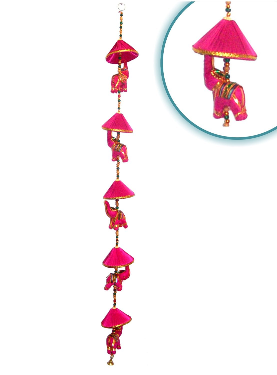 RASTOGI HANDICRAFTS Wall Hanging Decorative Cotton Elephant & Circlet Stringed with Color Beads and Brass Bell PINK