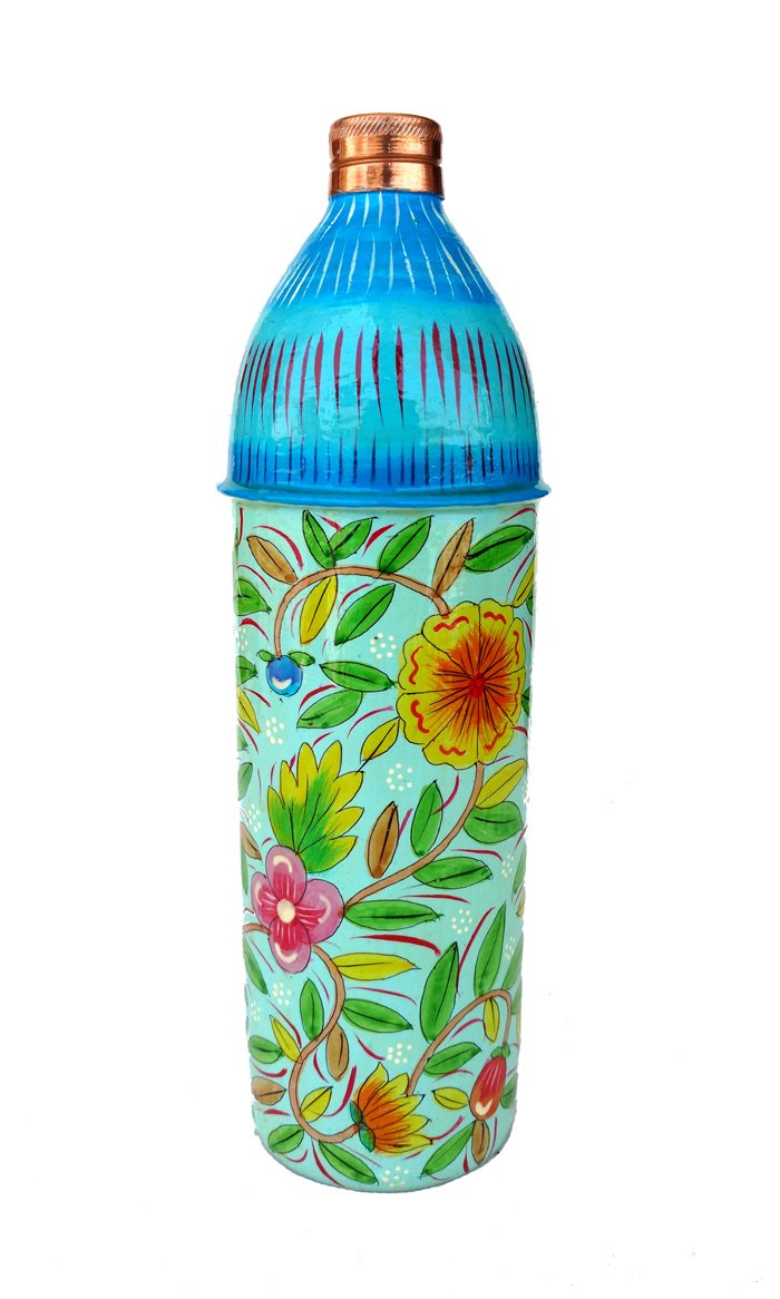 Rastogi Handicrafts Pure Copper Hand Painted Water Bottle Tumbler,Bislari Yellow Flower Hand Work (750 ml)