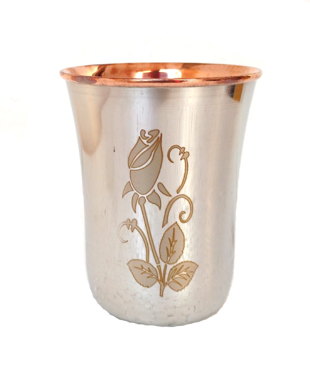 Rastogi Handicrafts set of 6 Flower Printed Handmade Copper Tumbler Outer Stainless steel Copper water glass for health benefits Steel Copper Luxary