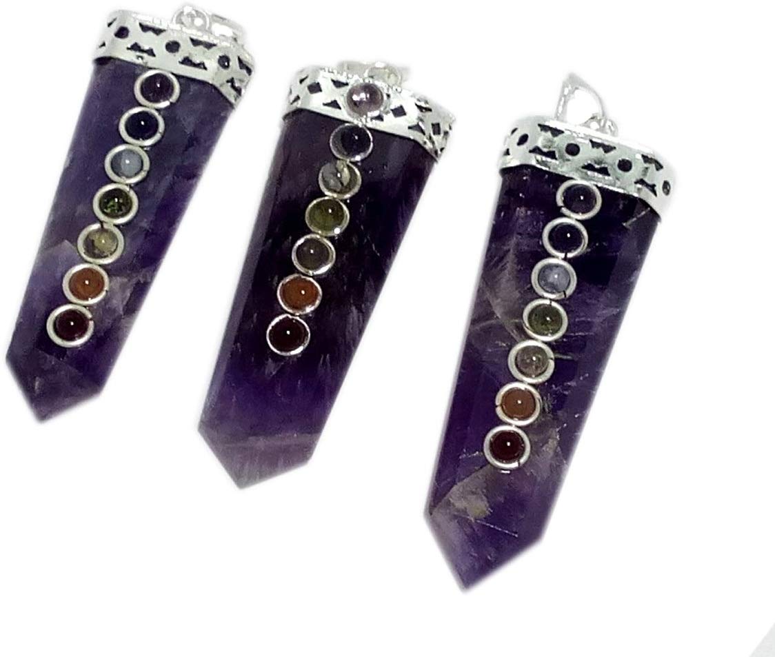 WholesaleGemShop LOT of(3) Three Amethyst Flat Chakra Pendant Healing Spiritual Divine Fashion Jewelry Crystal Therapy