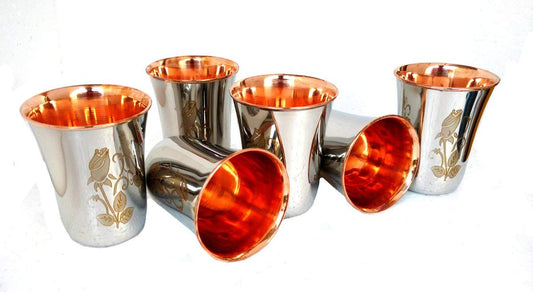 Rastogi Handicrafts set of 6 Flower Printed Handmade Copper Tumbler Outer Stainless steel Copper water glass for health benefits Steel Copper Luxary