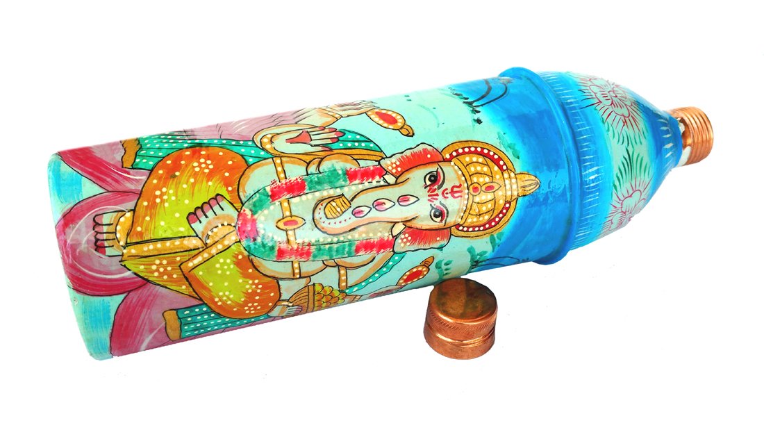 Rastogi Handicrafts Pure Copper Hand Painted Water Bottle Tumbler,Bislari Indian Traditional Style Ganesh Hand Work (750 ml)