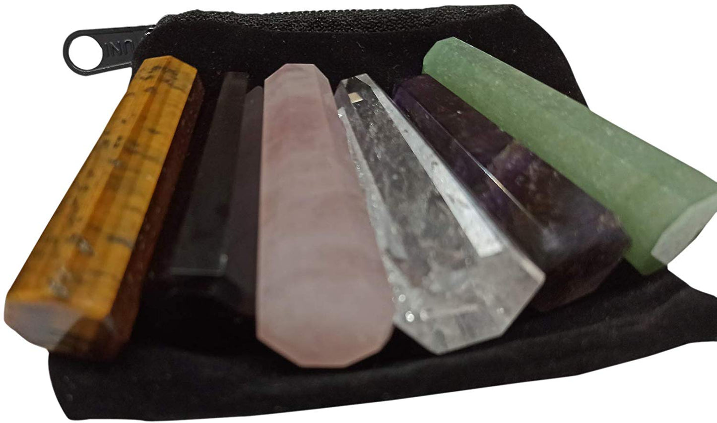 WholesaleGemShop 6pcs Chakra Healing Crystal Points Wands Set Natural Amethyst Rose Quartz Crystal Points Polished Tumbled Stone for Home Decor Reiki Healing