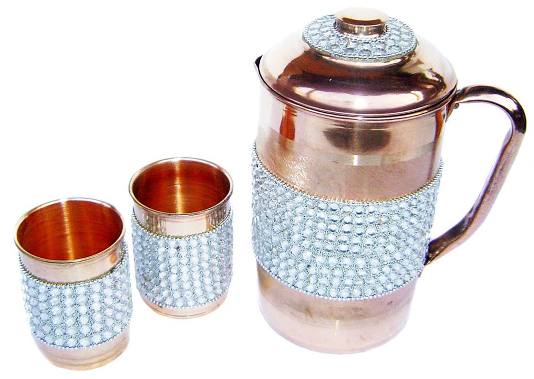 Rastogi Handicrafts Pure Copper Silver Crystal Studded Jug & 2 Glass Set