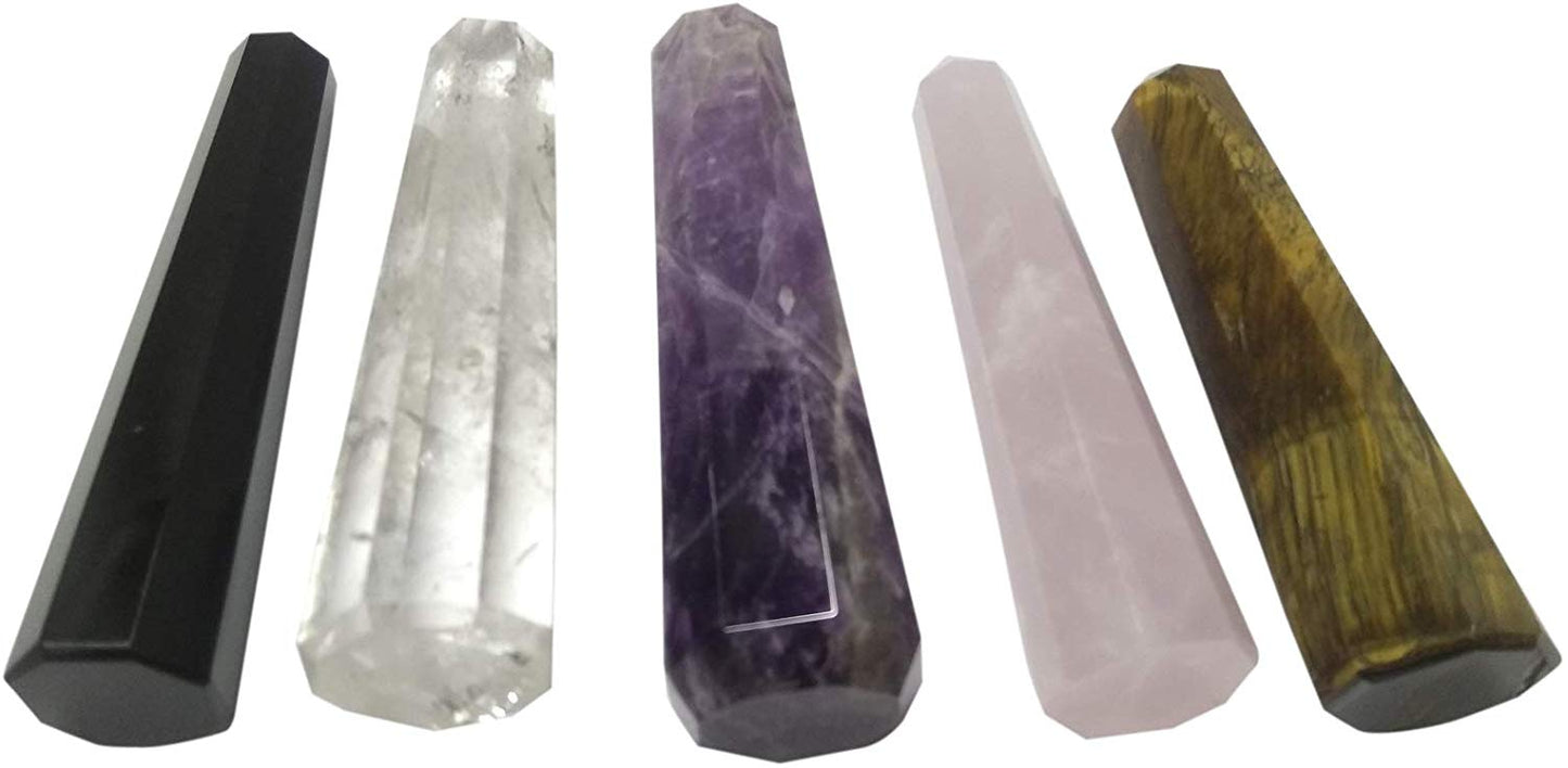 Wholesalegemshop Healing Crystal Wands - Set of 5 3â€ Crystals and Healing Stones Wands, Amethyst Crystal, Rose Quartz, Clear Quartz, Black Obsidian, Tigers Eye - Crystals for Chakra, Reiki, Meditation