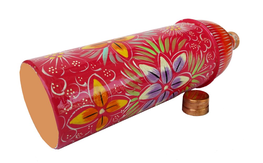 Rastogi Handicrafts Pure Copper Hand Painted Water Bottle Tumbler,Bislari Pink Flower Hand Work (750 ml )