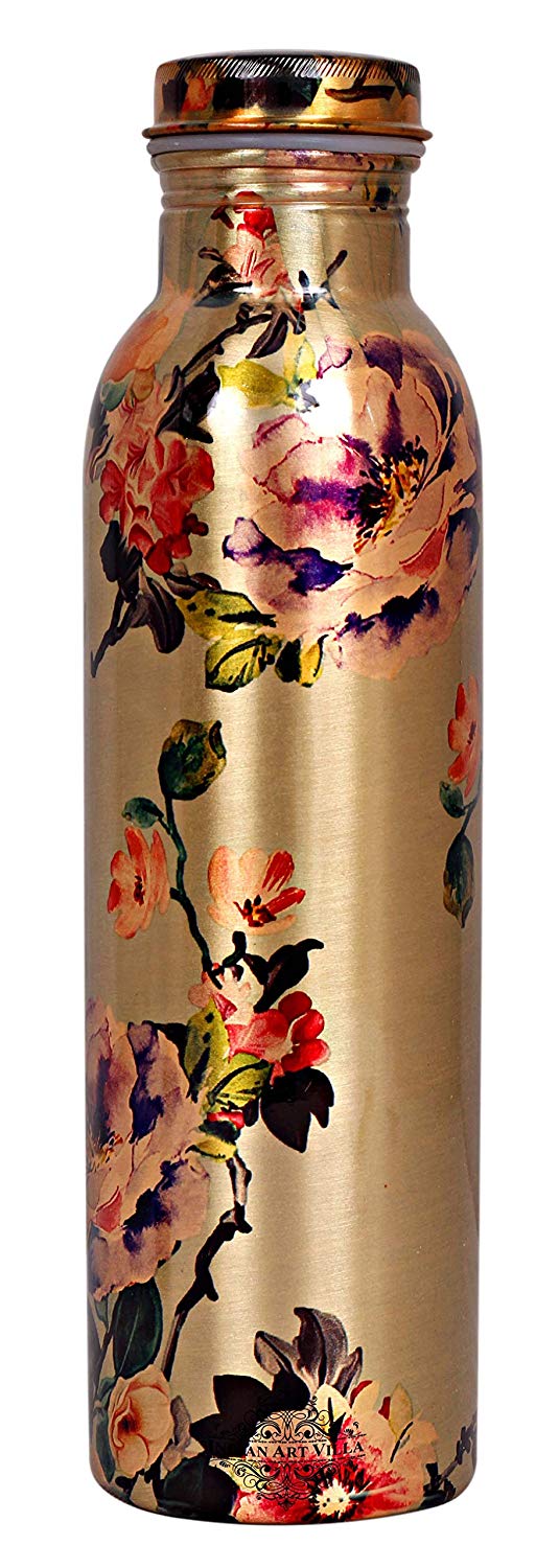 Printed Flower Design Copper Bottle, 1000 ml, Golden